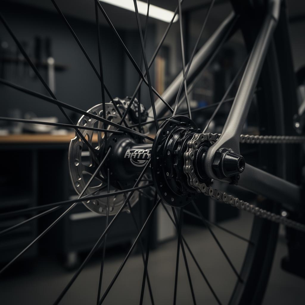 Närbild på cykelnav i verkstadsmiljö